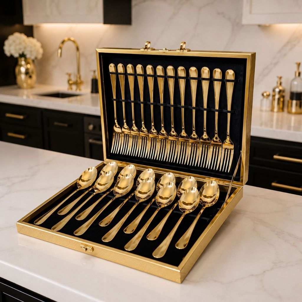 Sendok Sultan Set dengan koper Gold Sendok Set Emas Stainless Gold Cutlery Set Sendok Gold Set