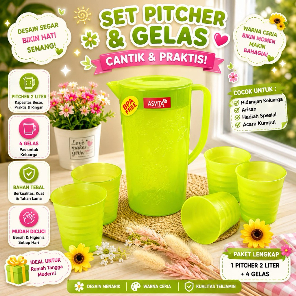 Teko Water Jug Set Pitcher dan Gelas Asvita Isi 6 Gelas - Teko Water Jug Sudah Termasuk Gelas 6 PCS 