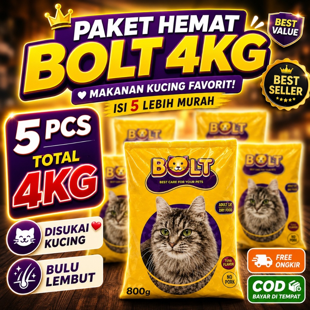 Bolt Cat Food 4KG Paket Hemat Isi 5 Makanan Kucing Dry Food Kucing Adult Tuna