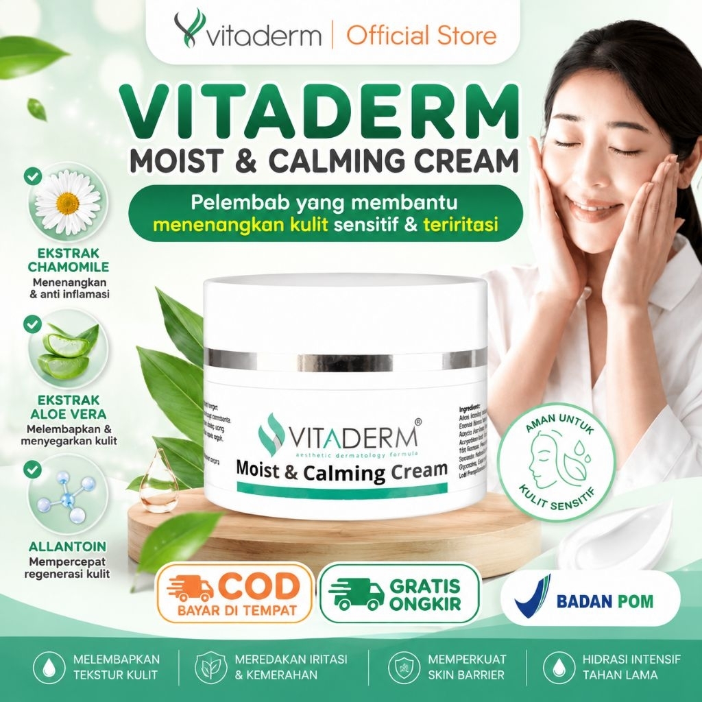 Vitaderm Moist & Calming Cream Pelembab Wajah Kulit Sensitif Iritasi Kemerahan Skin Barrier BPOM