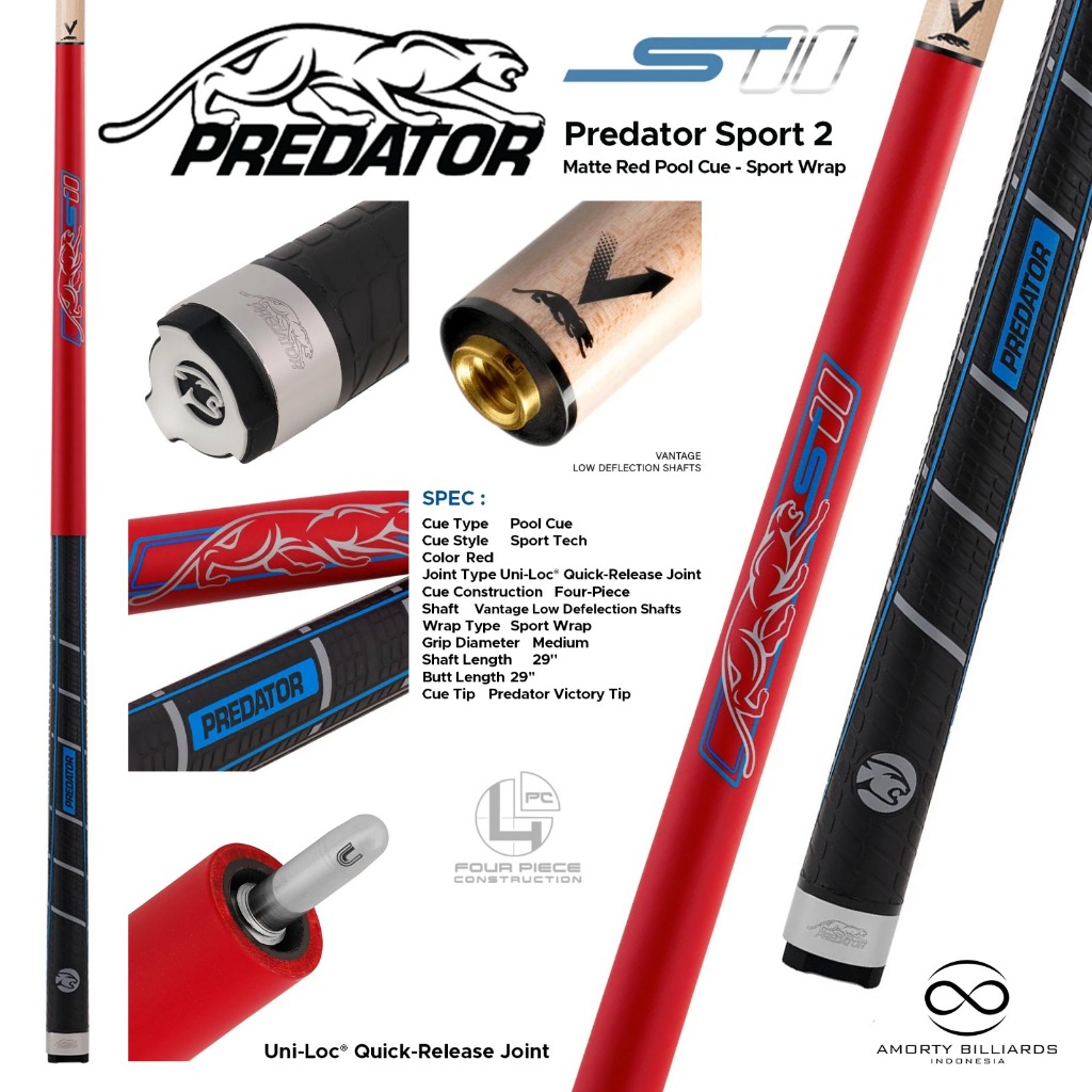 Predator Sport 2 Matte Red Pool Cue / Stick Play Billiard