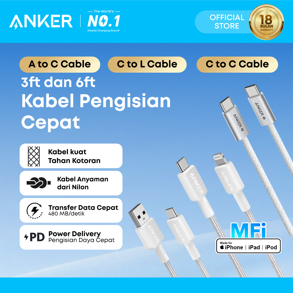 Anker Kabel PD Type C to USB A Type C and Lightning 15W 60W 240W 3ft 6ft Max 3A 5A Fast Charging for
