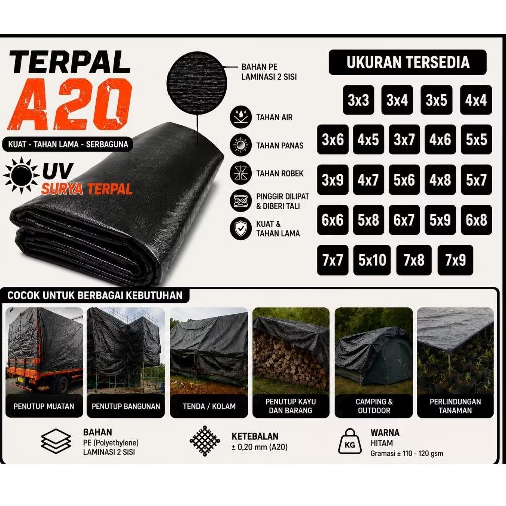 Merajut_Berkah Terpal A20 Hitam Tebal Anti Air Tenda Darurat Kolam Penutup Mobil Truk Pick Up.Varian