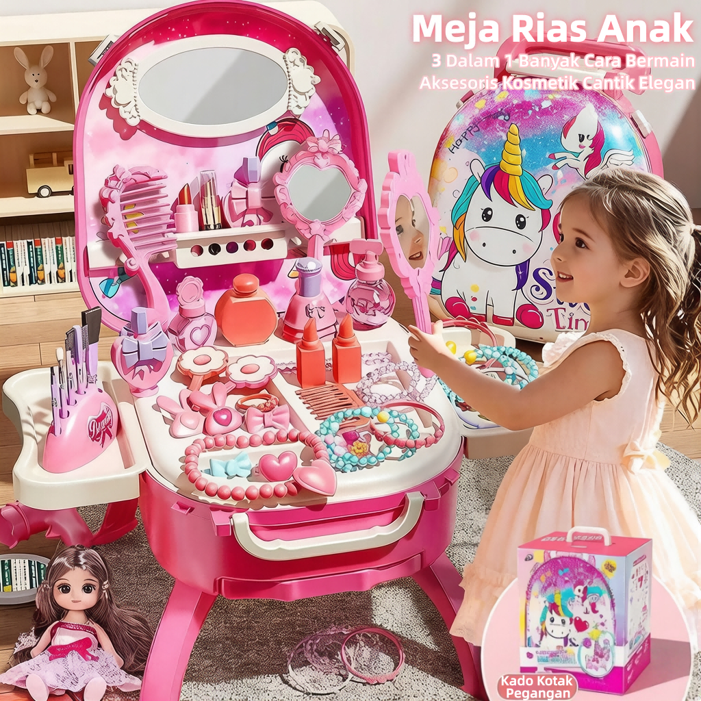 Set Rias Anak Perempuan Koper Tarik Unicorn Boneka Barbie Bermain Rumah-rumahan Bareng Orang Tua