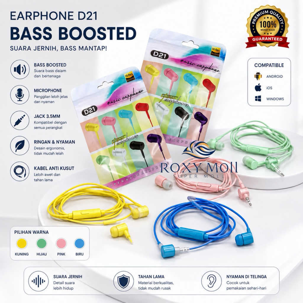 Handsfree Earphone Headset D21 Macaron With Mic Packing Klip Plastik Import [ROXY]