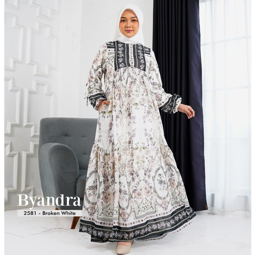 Gamis Hitam Putih Motif Byandra Dress Kode 2581 by Taneem Muslim Dress