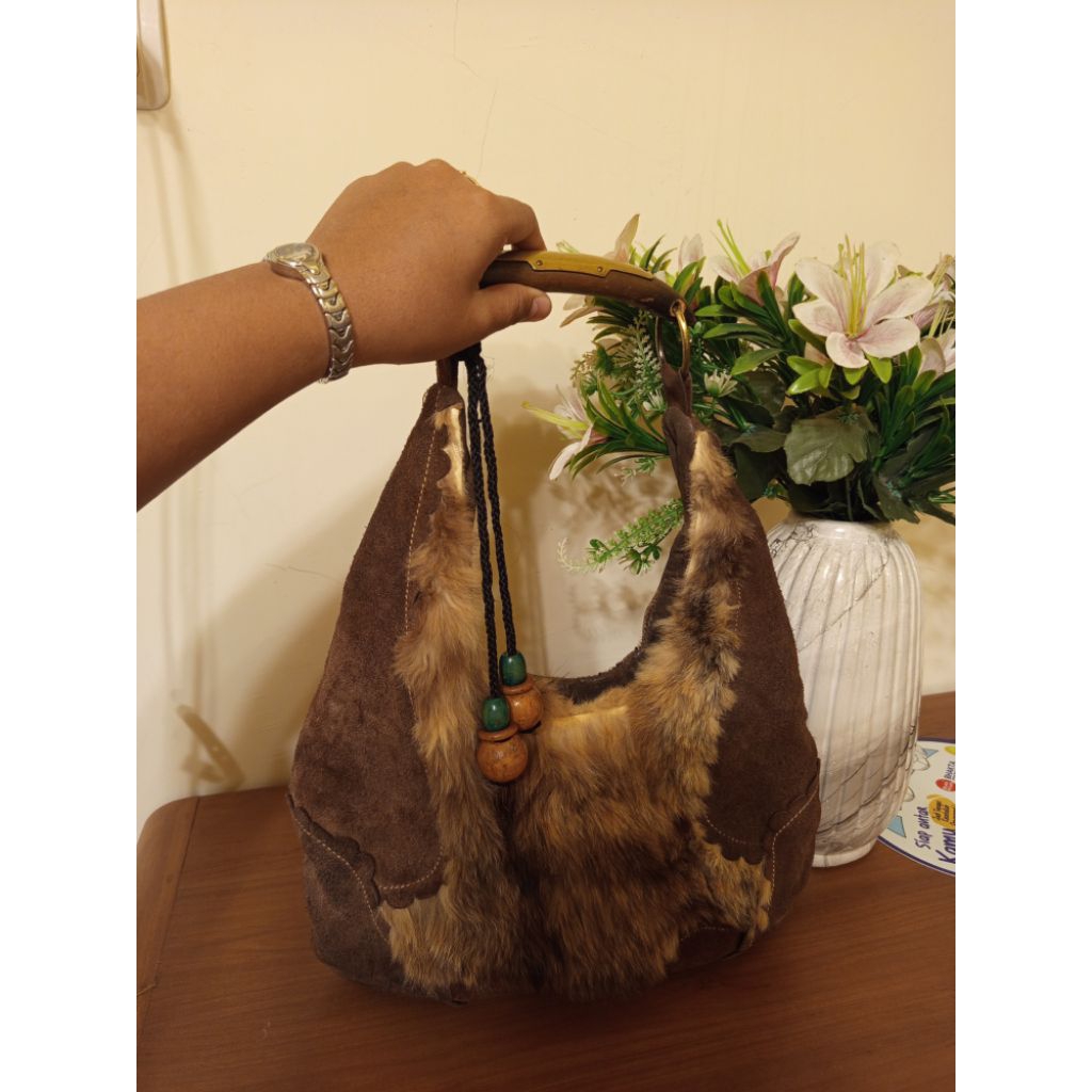 Shoulder Bohemian Bag Vintage Bulu Unik Kulit Asli Suwede second ori