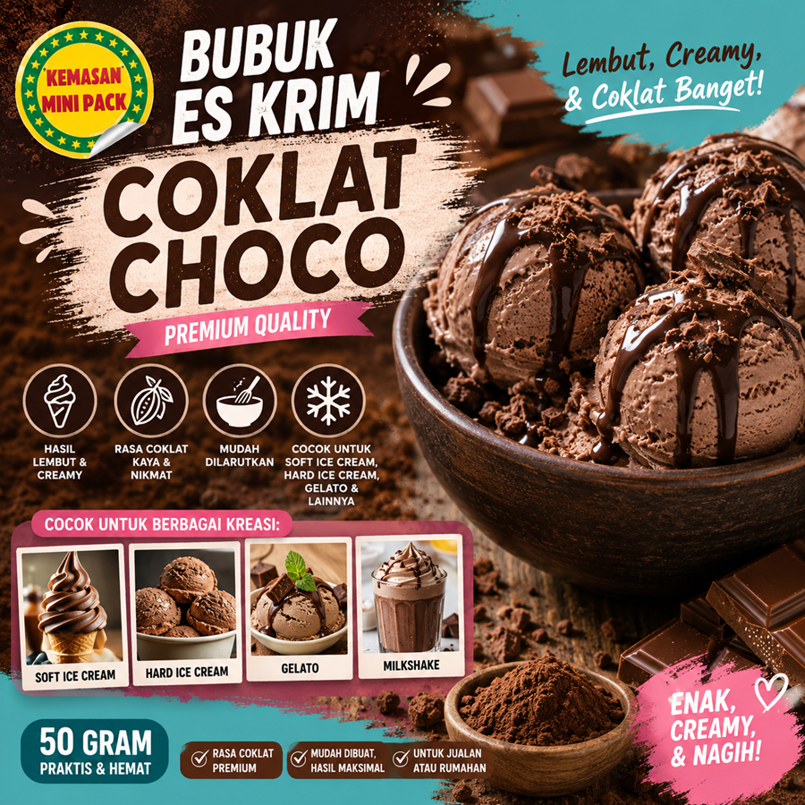 Bubuk Es Krim Coklat Choco 50Gr Serbuk Ice Cream Coklat Choco 50Gr Eskrim Kiloan Bahan Instan Premix