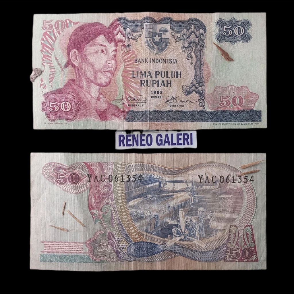 VF asli 50 Rupiah Seri sudirman tahun 1968 Rp jendral Soedirman uang kertas kuno duit lama Indonesia