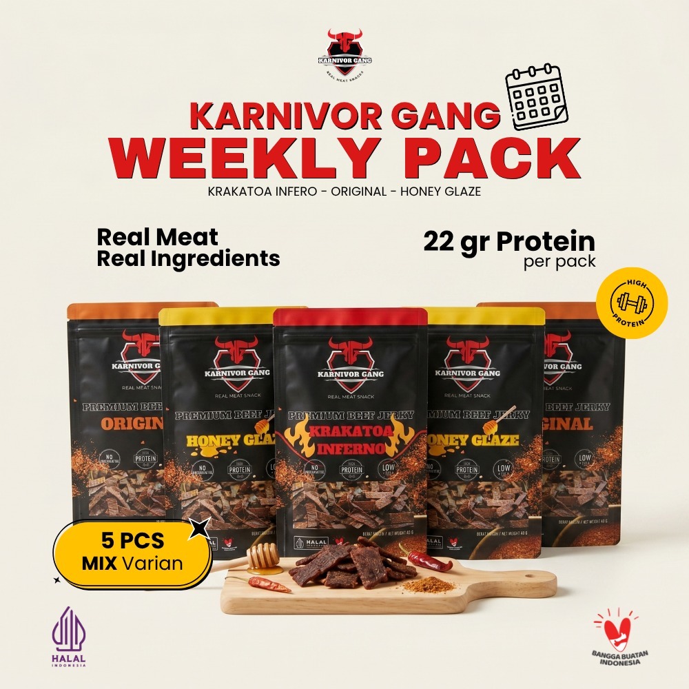 Beef Jerky Snack Dendeng Sapi Weekly Pack 5 Pcs Mix - Snack Sehat Tinggi Protein Halal - Karnivor Ga