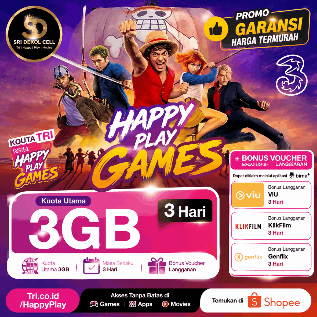 Promo Tri Happy Play Games 3GB 3 Hari + Bonus Voucher Nonton VIU/KlikFilm/Genflix