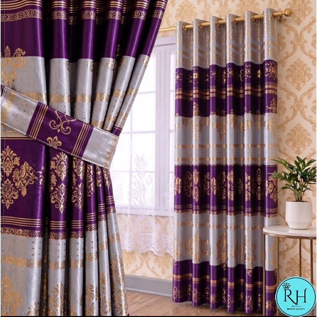 "Gorden Jendela Pintu Motif Bunga Mewah Warna Ungu Silver Gold Premium - Hordeng Blackout Tebal Pere