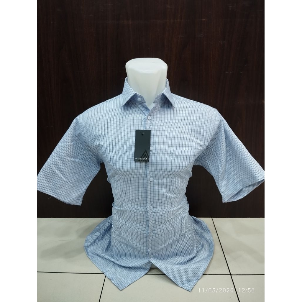 Alisan Lengan Pendek Kemeja Formal Pria Motif Kotak Double Kecil Cream & Biru Reguler
