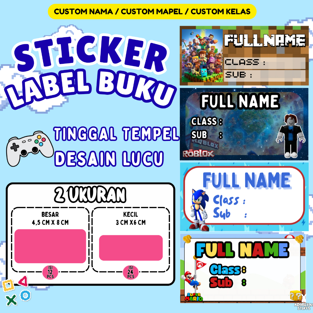 [ BACK TO SCHOOL ] [ GAME ] STICKER LABEL BUKU CUSTOM ( 12 / 24 PCS ) /  NAMA / STICKER ANAK SEKOLAH