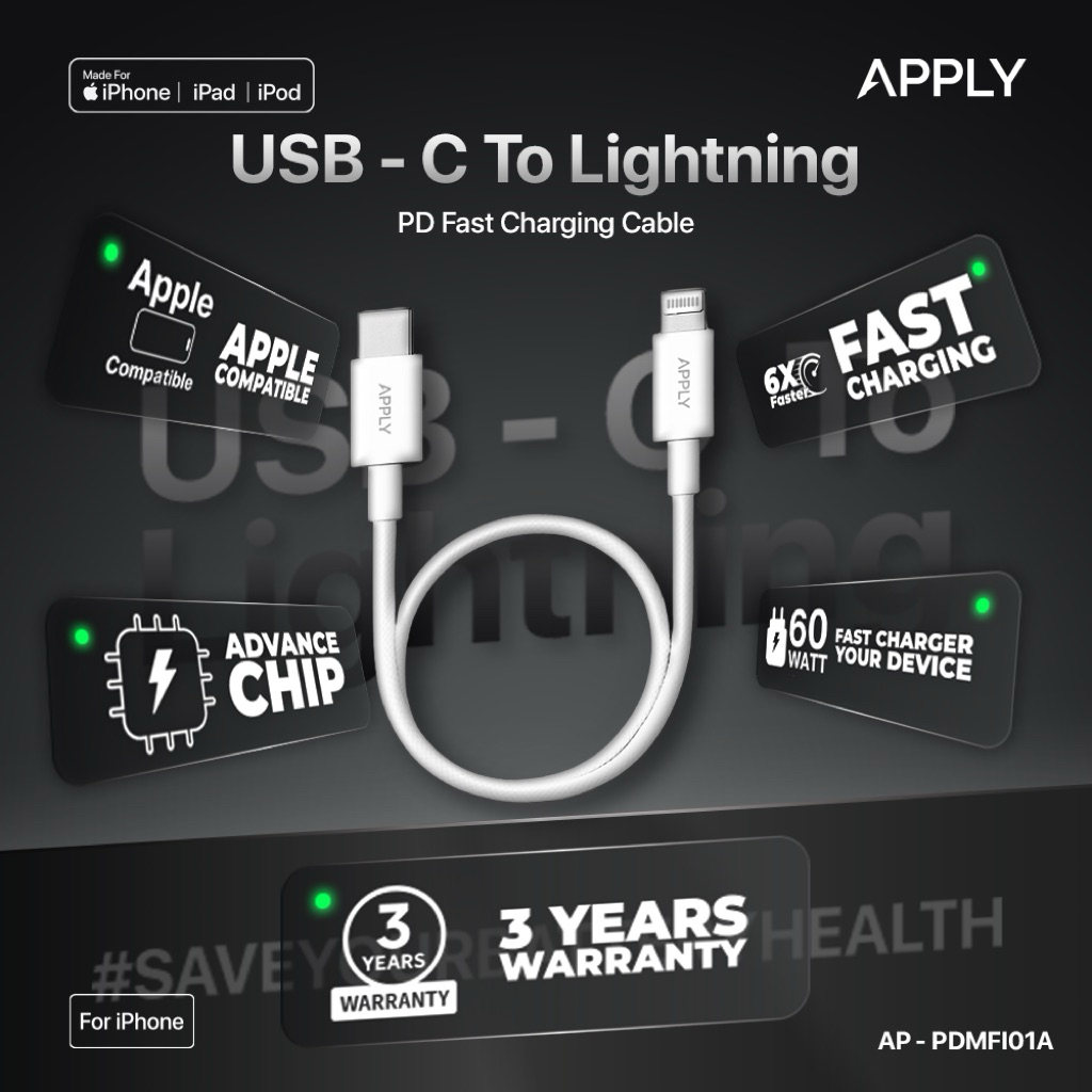 Apply - MFI Cable Only Lightning 60W For iPhone MFI Certified - Garansi 3 Tahun