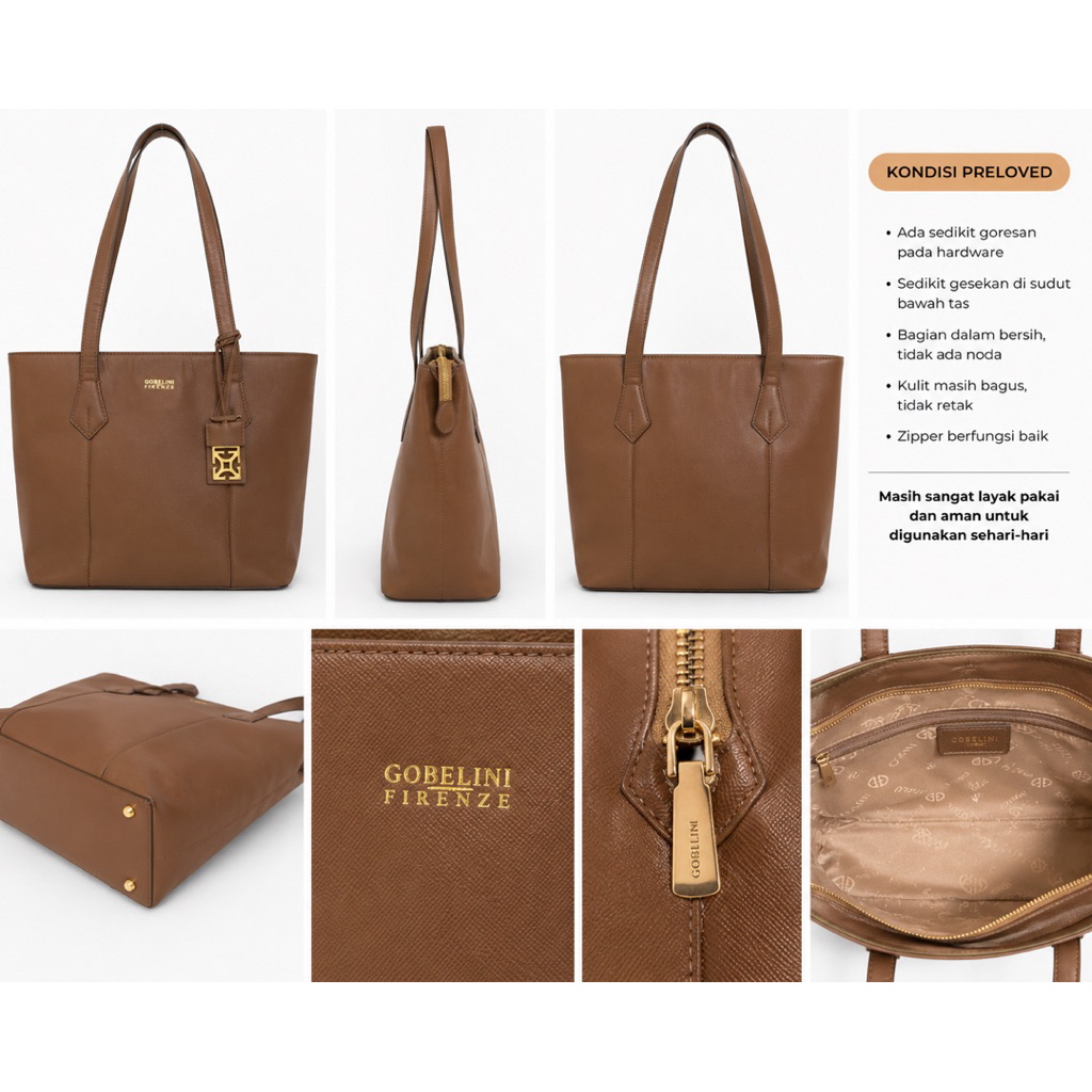 preloved tas kulit coklat Gobellini Firenze tote bag brown leather