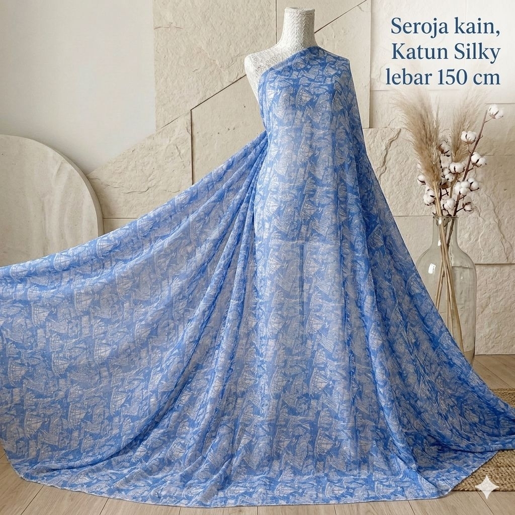 Kain Katun Silky Premium Motif Perahu Lebar 150cm per Setengah Meter - Bahan Katun Silky Halus Lembu