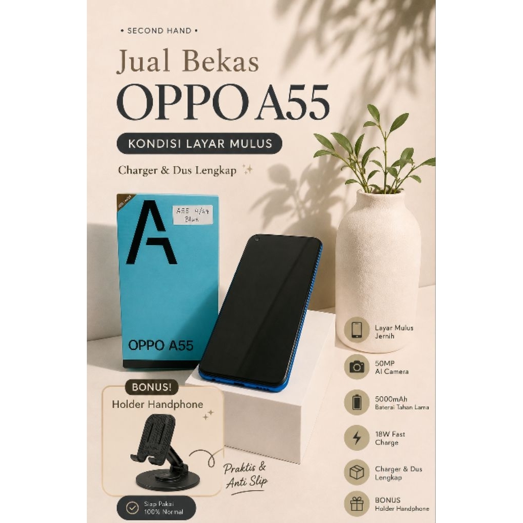 OPPO A55 4G RAM 4 / 64 GB Blue Pelangi hp second layar mulus dus aksesoris lengkap siap pakai