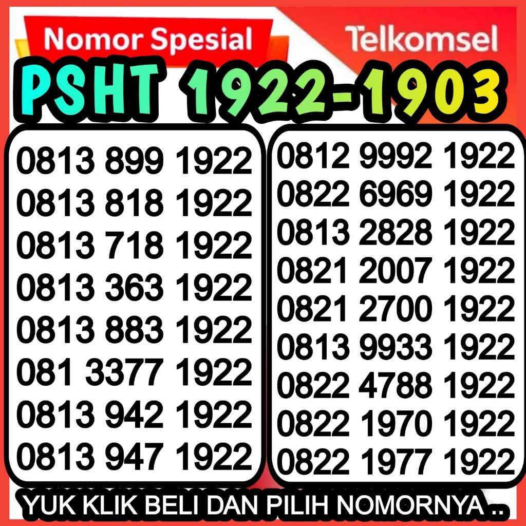 KARTU PERDANA TELKOMSEL NOMOR CANTIK PSHT 1922 - PSHW 1903 PRABAYAR 4G-5G LTE SHTERATAI - SH WINONGO