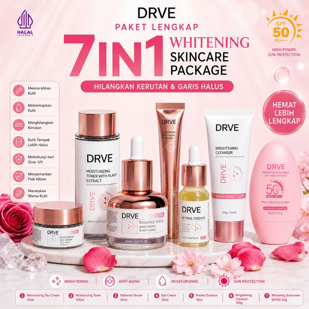 [7PCS]DRVE Full Series Skincare Set  Mengandung Niacinamide Retinol Essence- Facial Wash + Toner + S