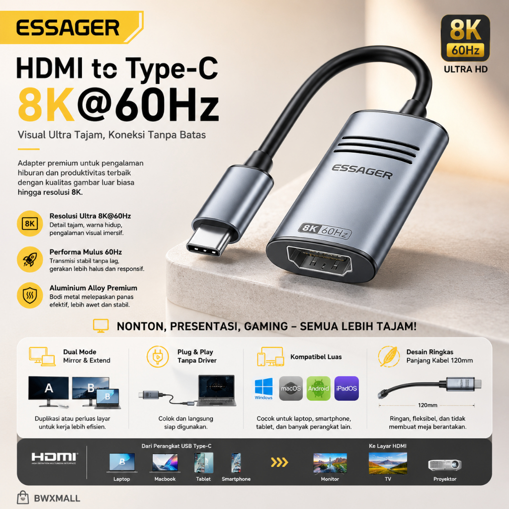 Kabel Adapter Converter HDMI Ke Type C ESSAGER ES OTG23 Ultra HD 8K 60Hz Sambungan Layar HP Laptop M