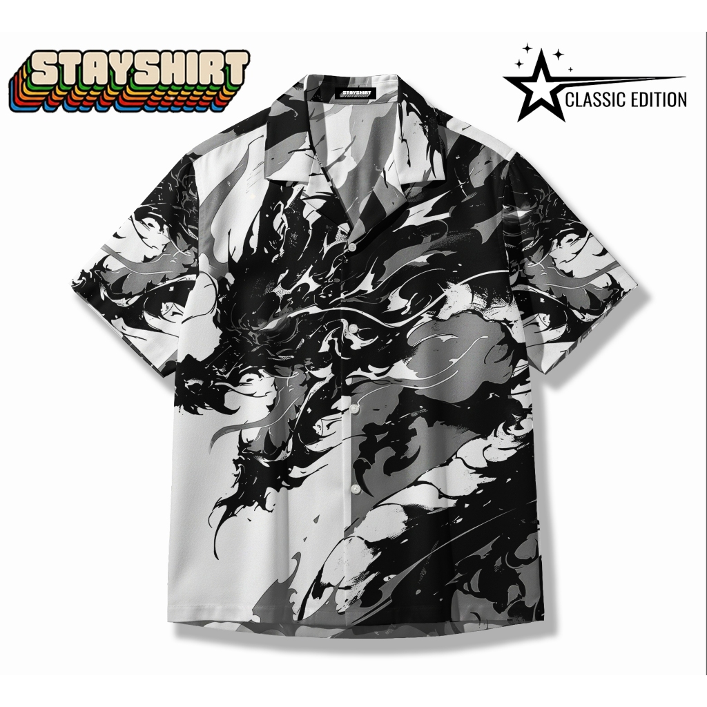 STAYSHIRT Kemeja Naga Hitam Putih Lengan Pendek Premium