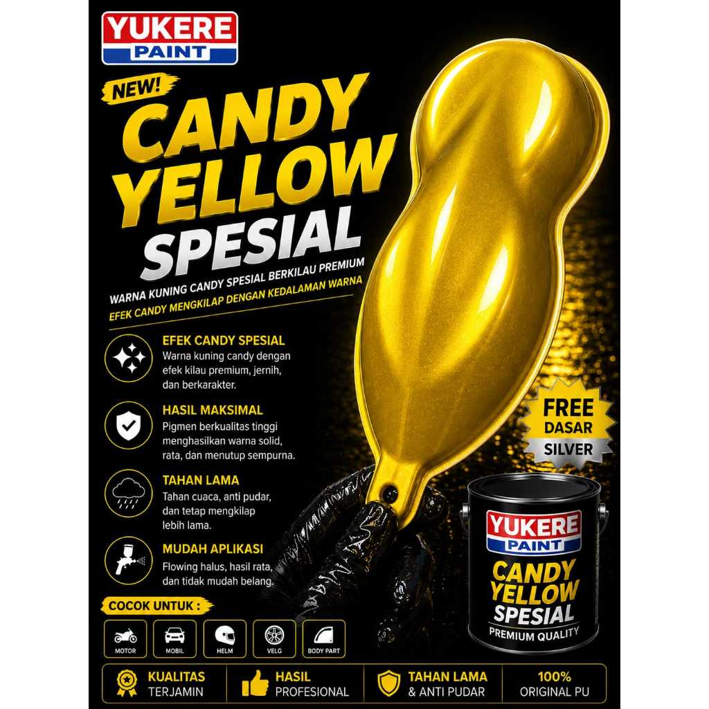 cat candytone yellow spesial bahan pu/candy kuning/kuning candy free dasar silver 500ml