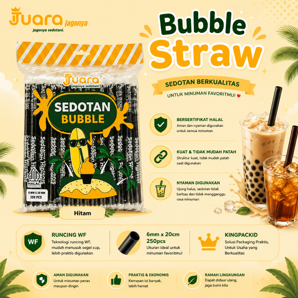 620JUARA-WF-Sedotan Runcing Hitam Banyak Ukuran Minuman Teh Kopi Steril Higienis Bungkus plastik Jua