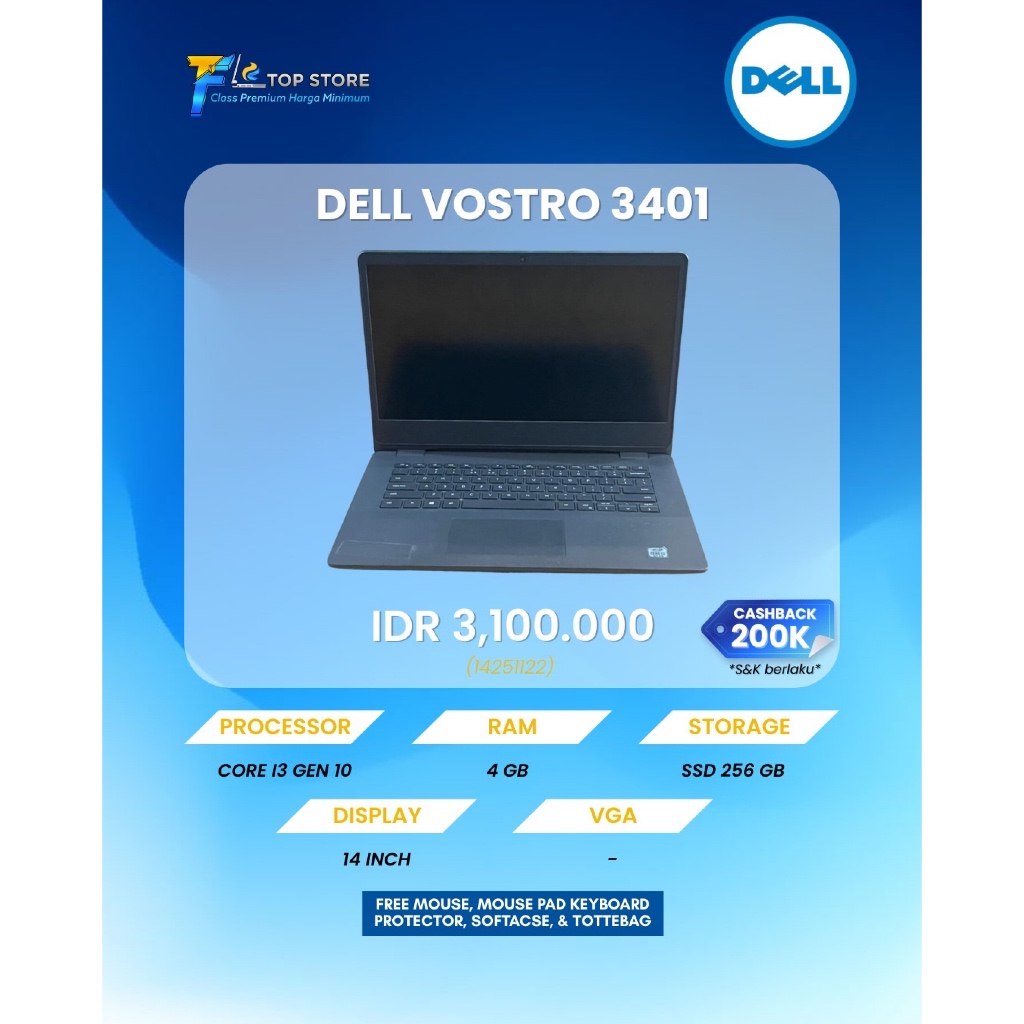 LAPTOP DELL VOSTRO 3401 INTEL CORE I3 GEN 10 RAM 4GB SSD 256GB | NO MINUS | SIAP PAKAI