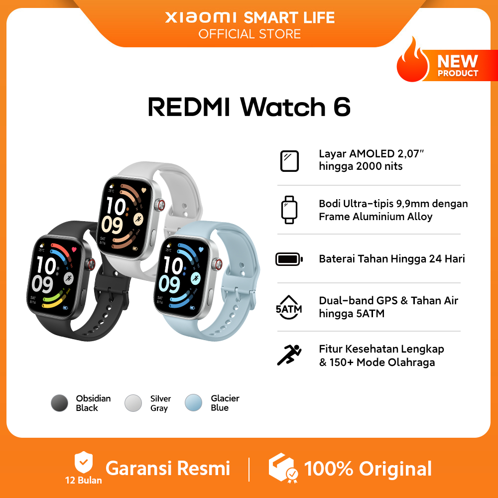 Xiaomi REDMI Watch 6 | Layar AMOLED 2,07" hingga 2000 nits | Bodi Ultra-tipis 9,9mm dengan Frame Alu