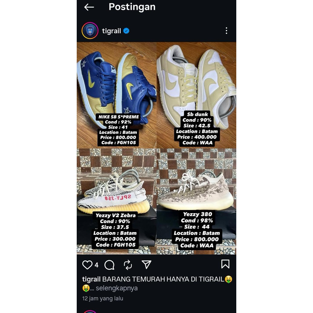 nike sb dunk low s*preme bekas