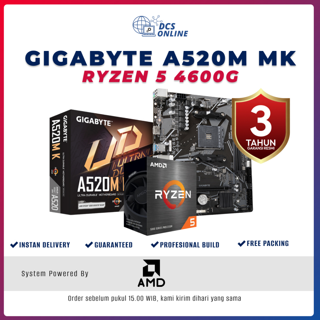 Paket Mobo Motherboard Processor AMD Ryzen 5 4600G + Gigabyte A520MK Socket AMD AM4 DDR4 - Baru Berg