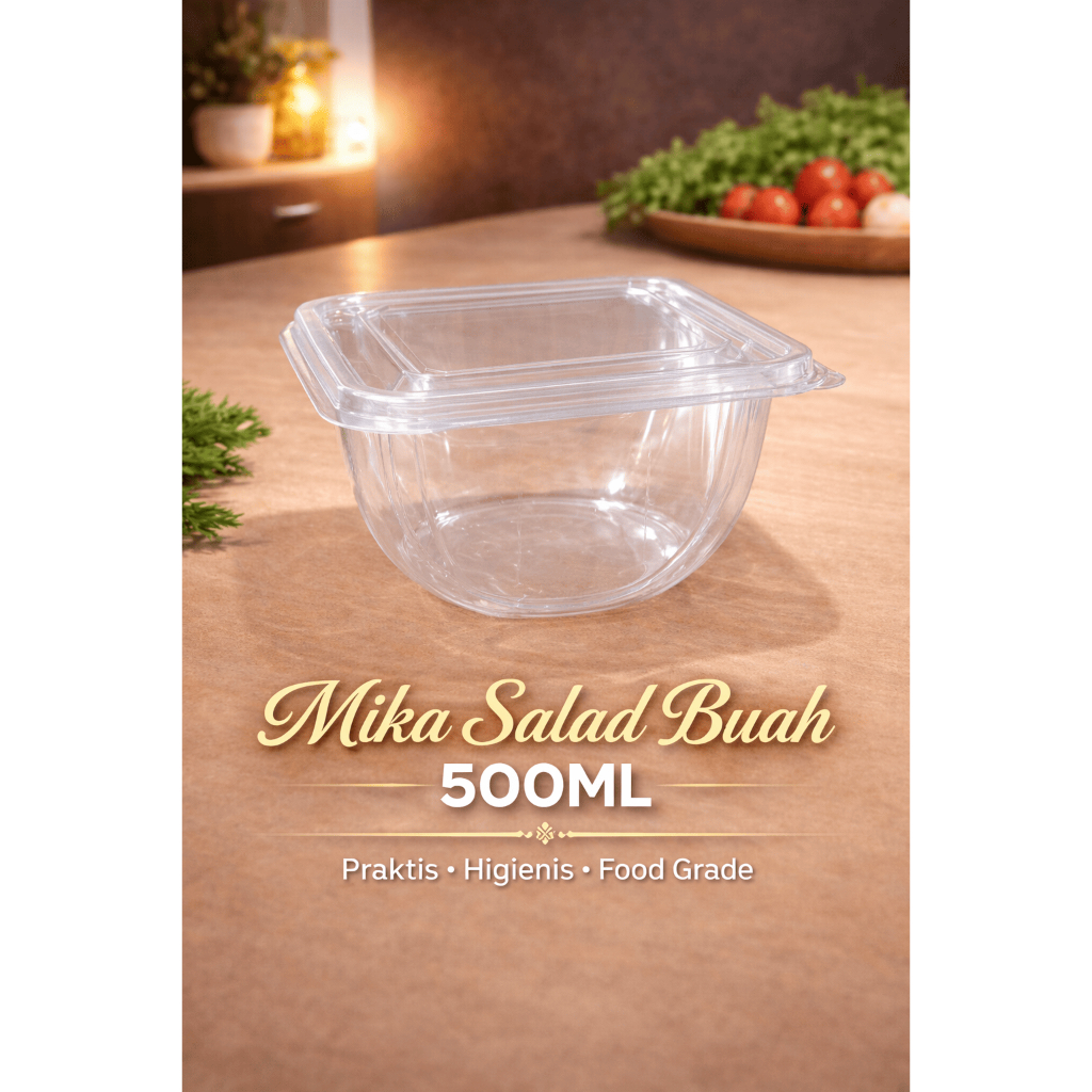 Mika Salad / Mika Buah / Mangkok Plastik Dessert 500ML Tutup Pisah
