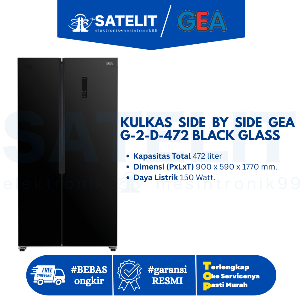 Kulkas Side by Side GEA G2D472 Black Glass – 472 Liter, Hemat Listrik, Freezer Luas & Elegan Modern