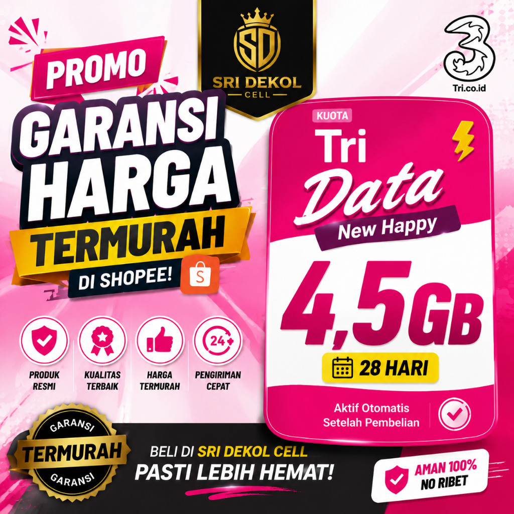 Diskon Kuota Tri New Happy 4,5GB 28 Hari | Belanja Aman di Shopee