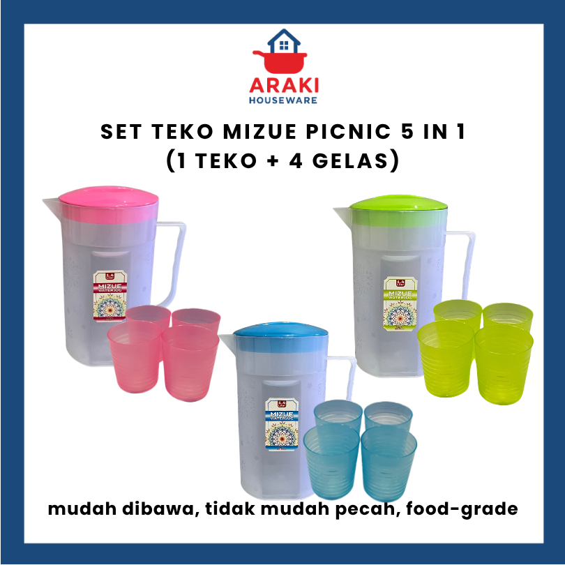 SET TEKO MIZUE PICNIC 5 IN 1 (BENING TUTUP WARNA) | Isi 1 teko & 4 gelas Water Jug Eskan 1.4 liter T