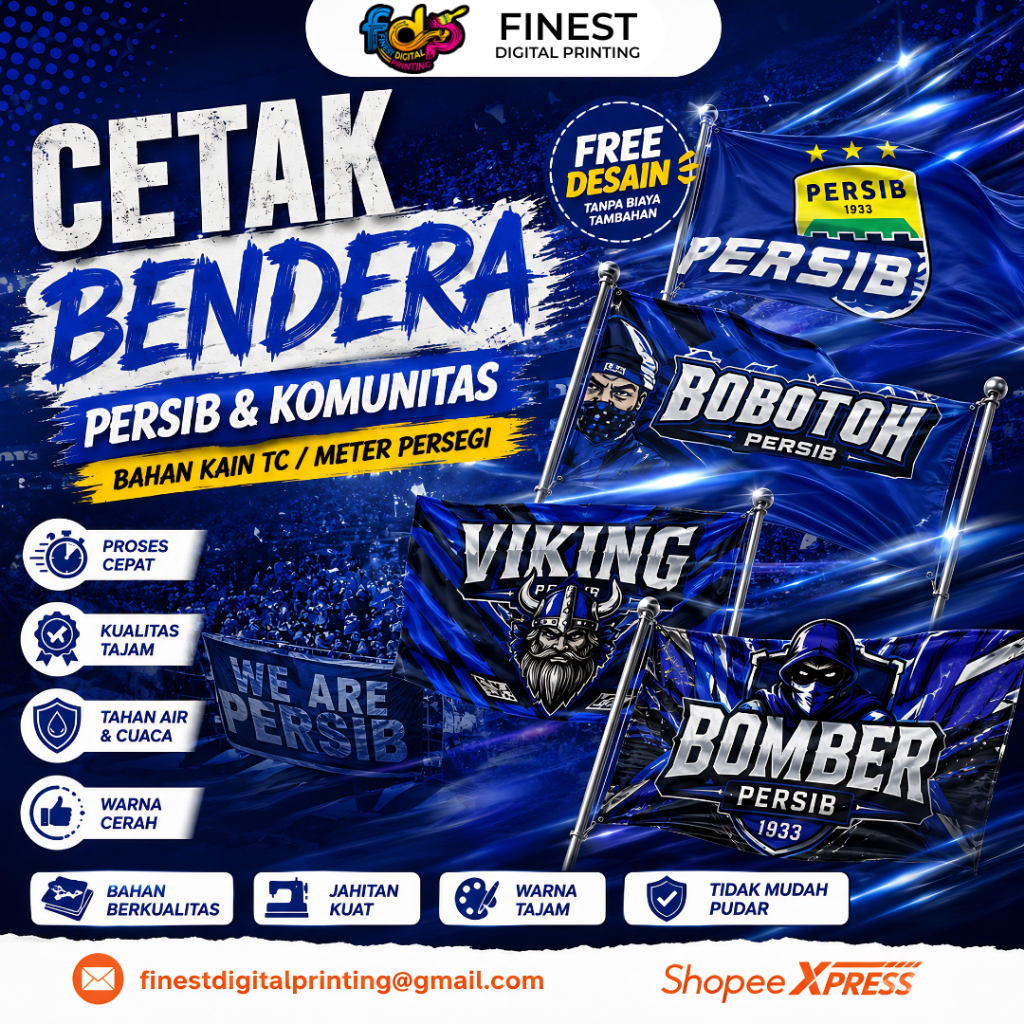 BENDERA PERSIB CUSTOM DESAIN BAHAN KAIN TC