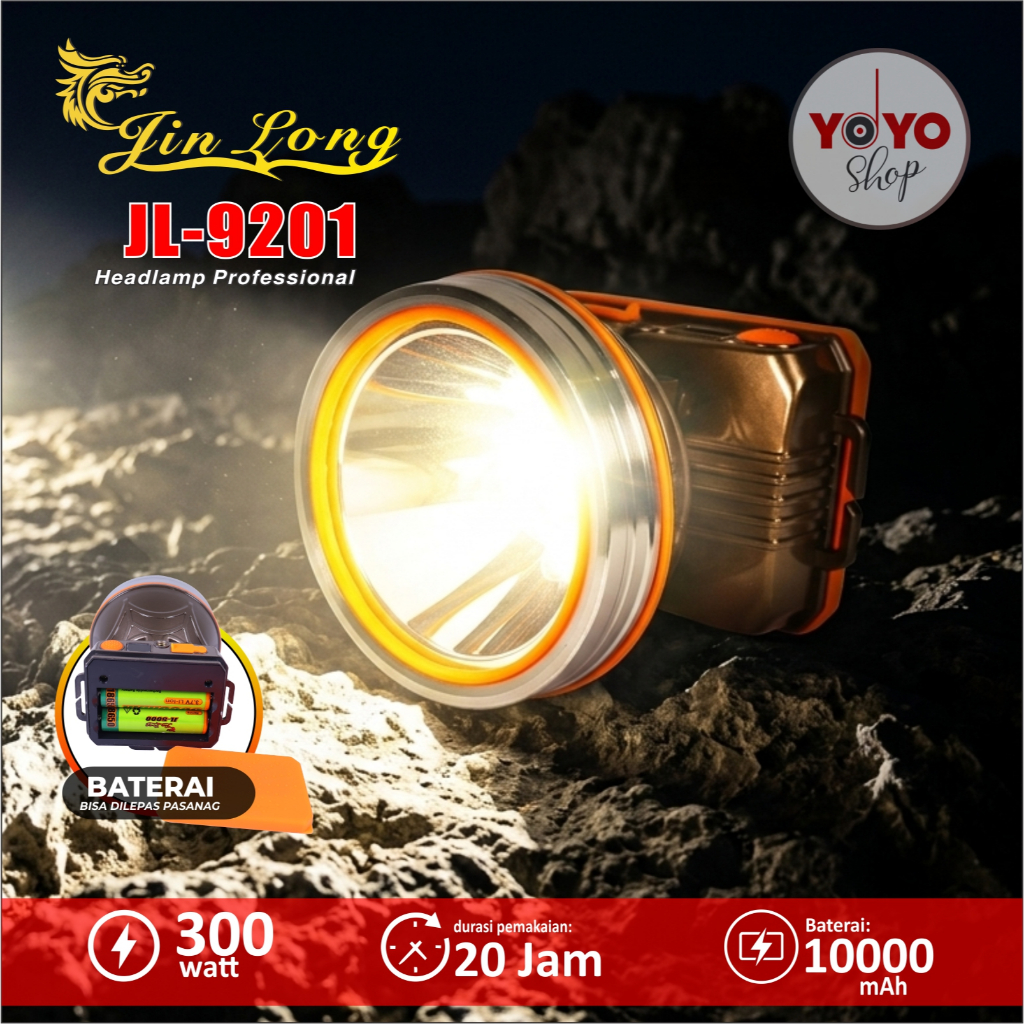 Senter Kepala / Headlamp Jinlong JL 9201 waterproof / tahan air 300 watt baterai 10000 mAh