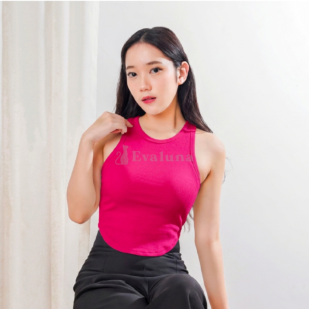 [EVALUNA] Atasan Crop Wanita Korean Basic - JISOO Racer Crop Tops Knit