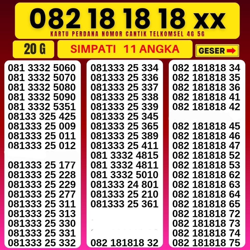 NEW 1818 Nomor Cantik Simpati 11digit 11angka 4G 5G Telkomsel Simpati 3G 4G 5G Kartu Perdana Telkoms