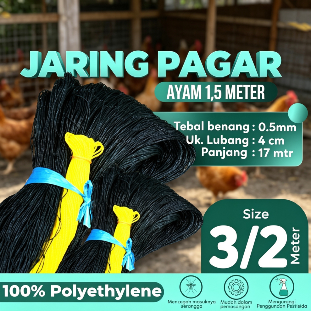 Jaring Pagar Ayam 1,5 Meter Jaring Kandang Ayam Lebar 1,5 Meter Panjang 17 Meter