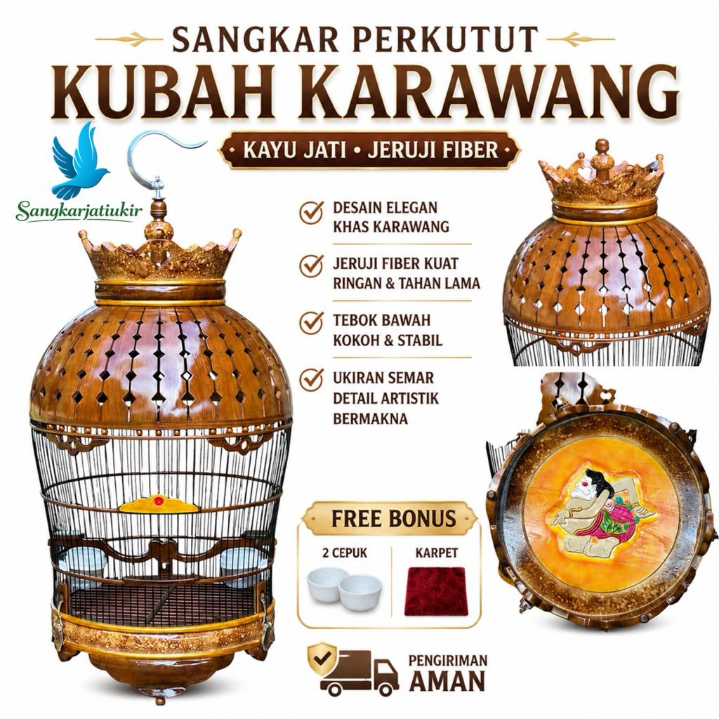Sangkar Burung Perkutut Kubah Karawang Kayu Jati Jeruji Fiber Tebok Bawah Ukiran Semar