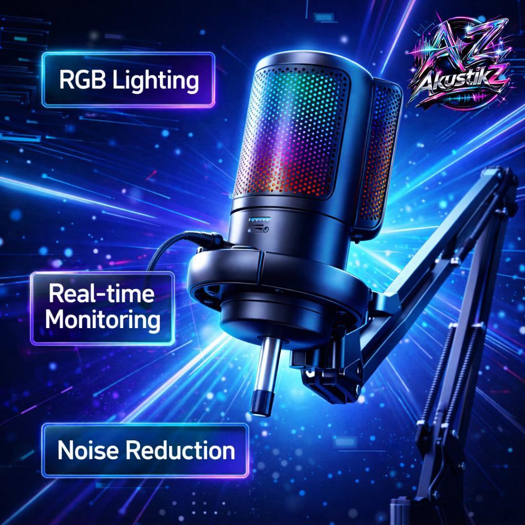 Microphone RGB USB dengan Boom Arm Stand untuk Gaming Live Streaming Podcast Recording PC Laptop