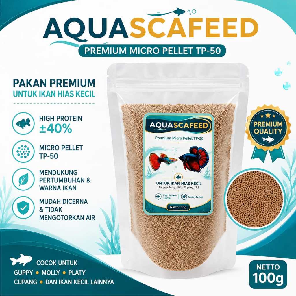 Pelet Guppy Cupang Premium 100g | Micro Pellet TP-50 | Pakan Ikan Hias Kecil Aquascafeed