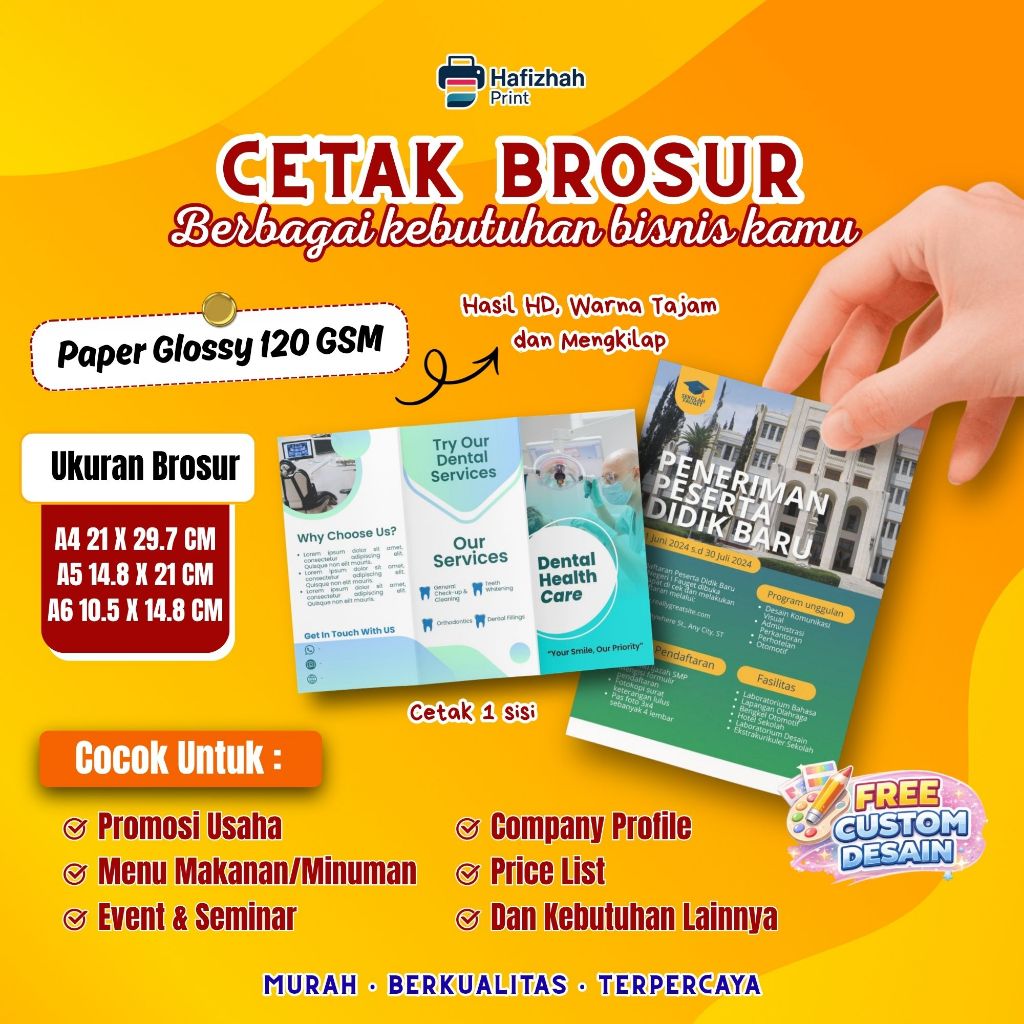 Cetak Brosur Glossy A4 A5 A6 | Flyer Promosi Usaha | Custom Brosur Full Color | Hafizhah Print Makas