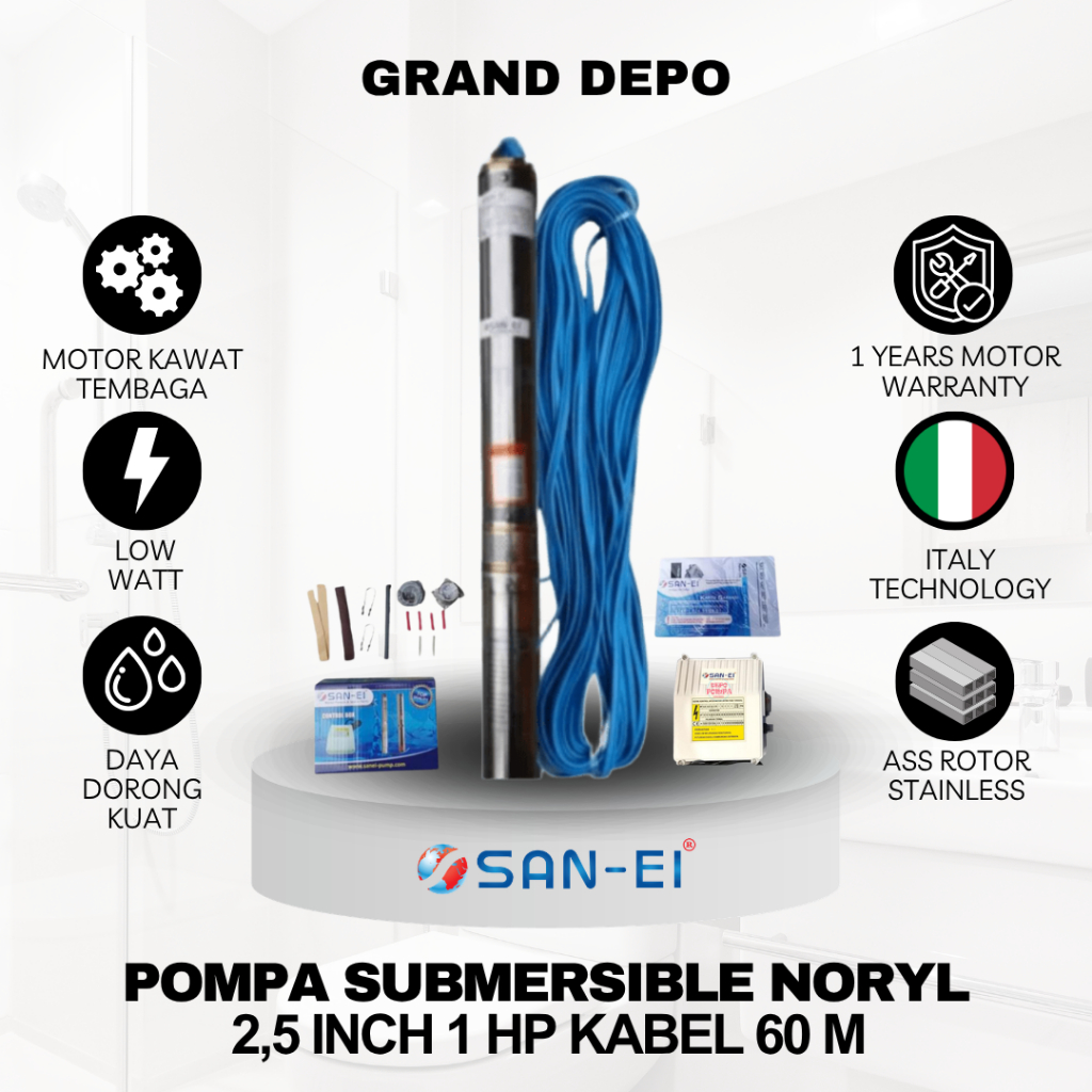 San Ei Pompa Air Satelit 2.5 inch 1 HP + Kabel 60 Meter Noryl / Pompa Submersible San Ei