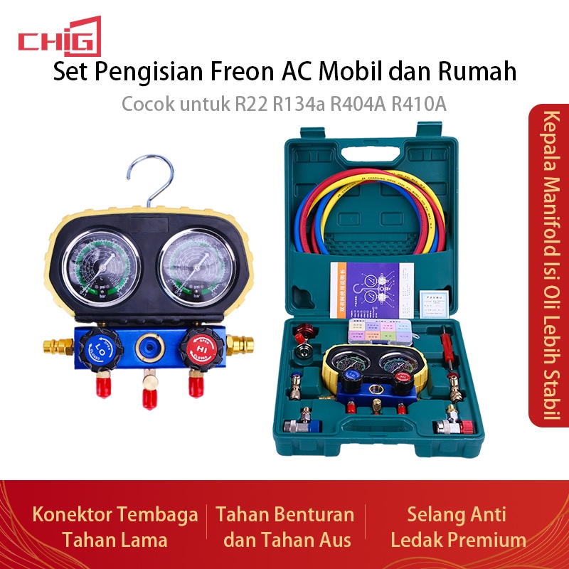 Manifold Gauge Set AC Mobil Rumah Kuningan Double Manifold R22 R134a R404A R410A Alat Cek Tekanan Fr