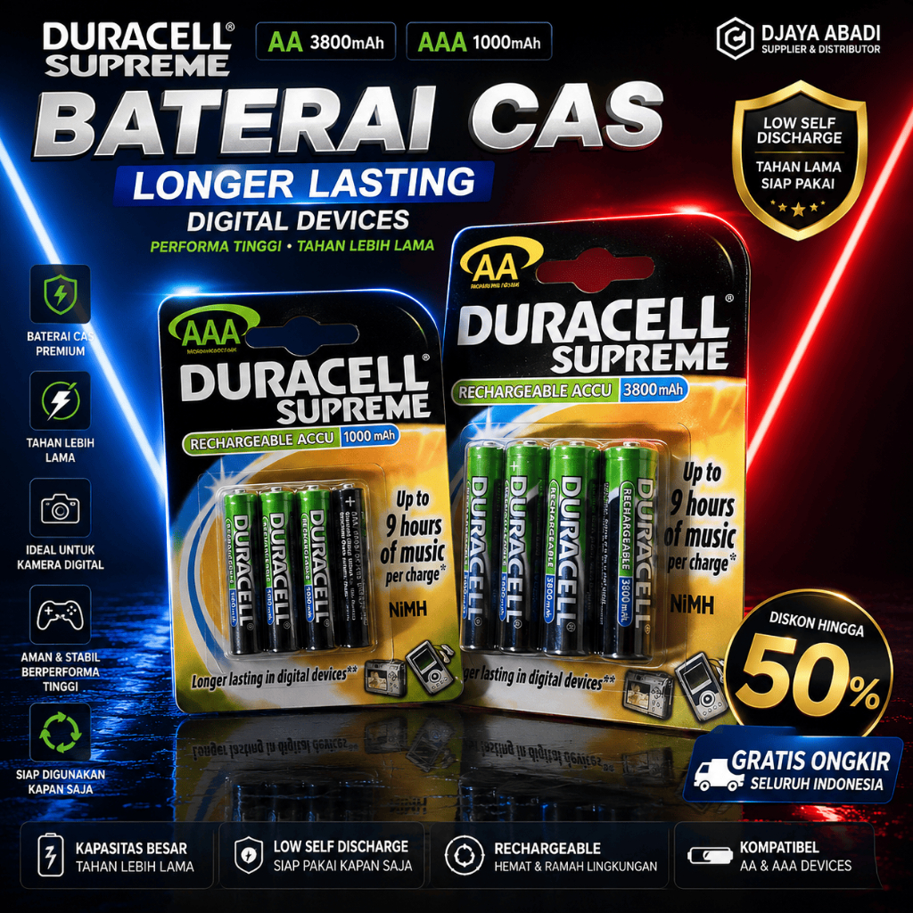 PROMO Duracell Baterai Cas AA 3800mah 1.2V - Batre Charger AA A2 Duracell Supreme Rechargerable Accu