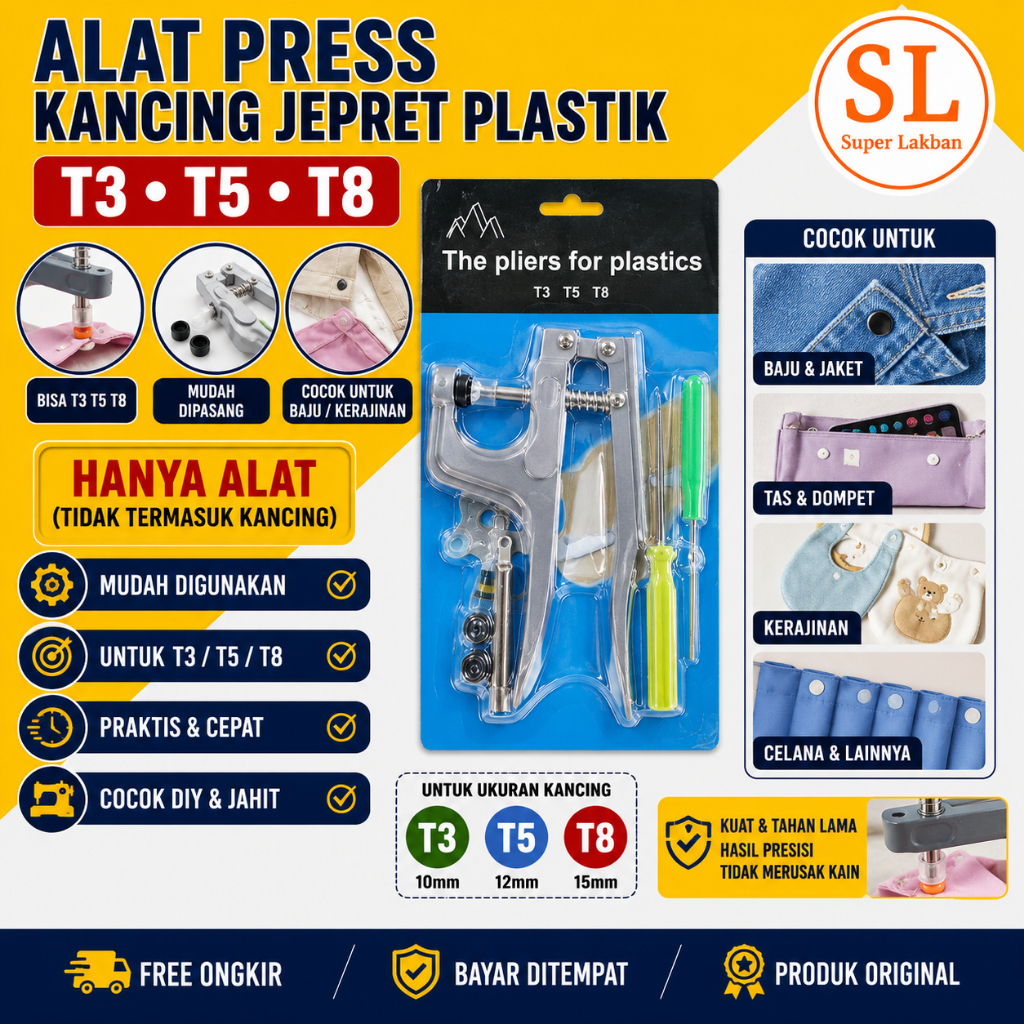 Alat Press Kancing Jepret Plastik Tang Pasang Snap Plastic Button T3 T5 T8 Pembuat Kancing Baju
