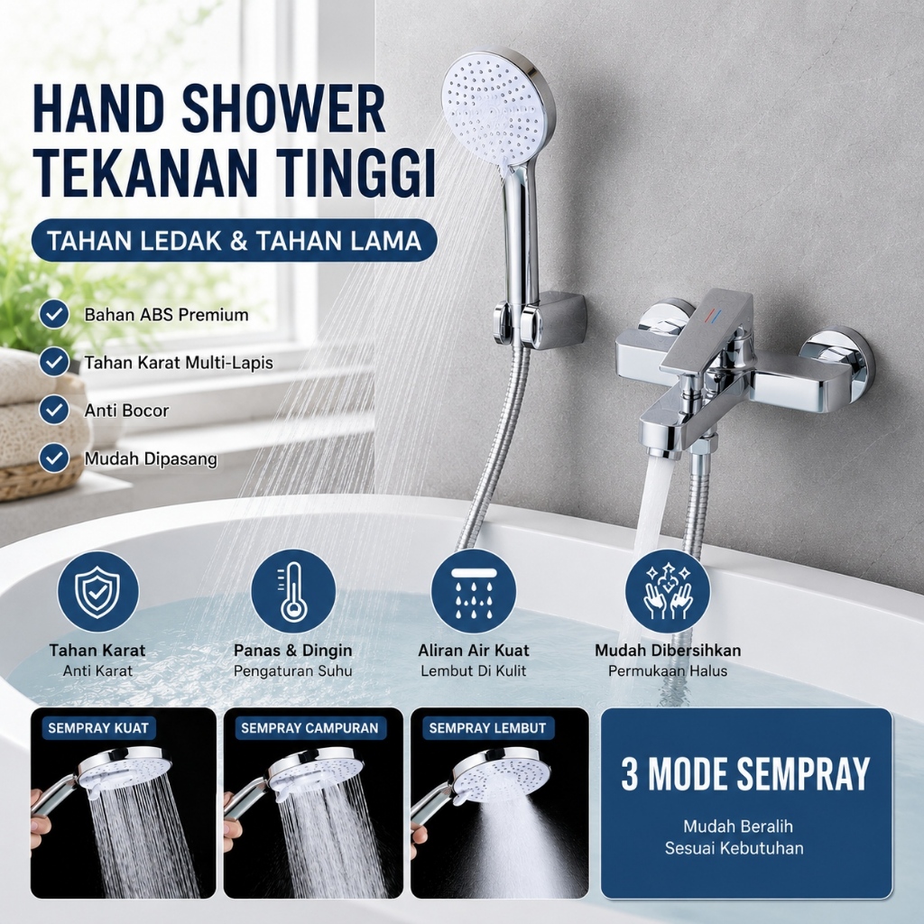 VIOR Keran Bathtub Shower Chrome Dengan Hand Shower 3 Mode Dan Selang PVC 1.5 Meter